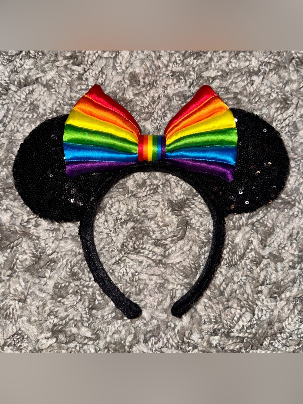 Disney Rainbow Bow Black Sequin Minnie Ears Headband
